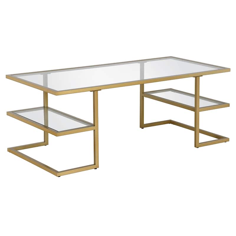 Sleek 47 Inch Rectangular Coffee Table with Glass Top and Steel Frame 2 Shelves for Storage - 47"L x 22"W x 18"H