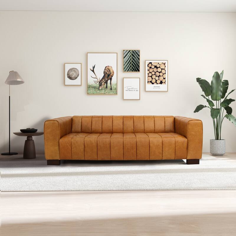 Hazel 93" Wide Mid Century Modern Living Room Leather Couch in Tan - Waxy Tan