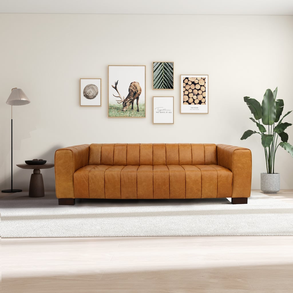 Hazel 93" Wide Mid Century Modern Living Room Leather Couch in Tan