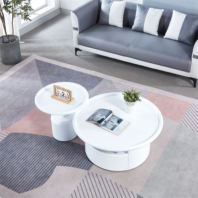 2 Pieces White MDF Round Coffee Table Set for Living Room