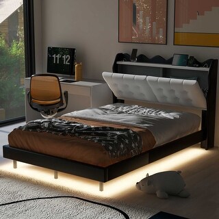 Classic Modern Style Full Size Platform Bed with Storage Headboard,Sturdy Wood Bed,LED Light Strips and USB Charging Design