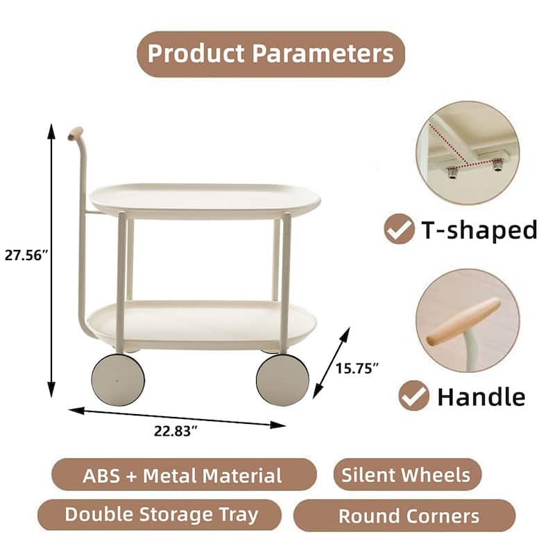 Modern 2-Tier Rolling Serving, Metal Bar Cart with Wheels, Storage - 27.56"H