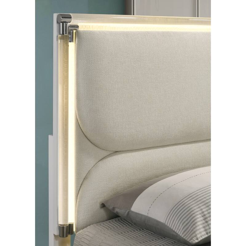 Modern Pearl White Upholstered Full Size Bed with LED Headboard and Trundle