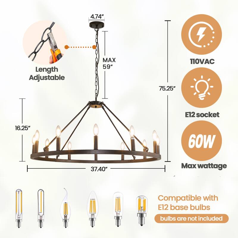 Black Wagon Wheel Chandelier 38 inch, 12-Light Black Round Industrial Farmhouse Chandeliers