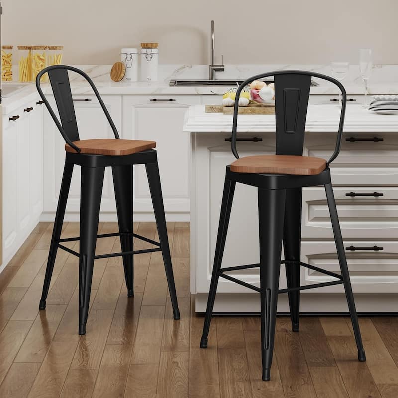Swivel Counter Stools with Metal Frame Farmhouse Counter Chairs with High Back 24" Kitchen Bar Furniture Stools with Wooden Seat