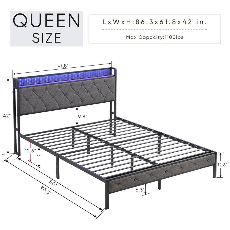 Queen Size Upholstered Platform Bed with Charging Station and Lights