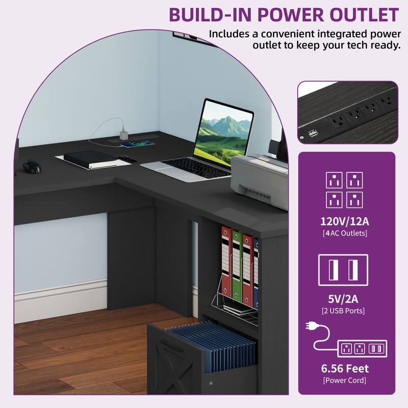 Moasis 59" L Shaped Office Desk with File Cabinet, Corner Computer Desk with Monitor Stand for Home Ofiice