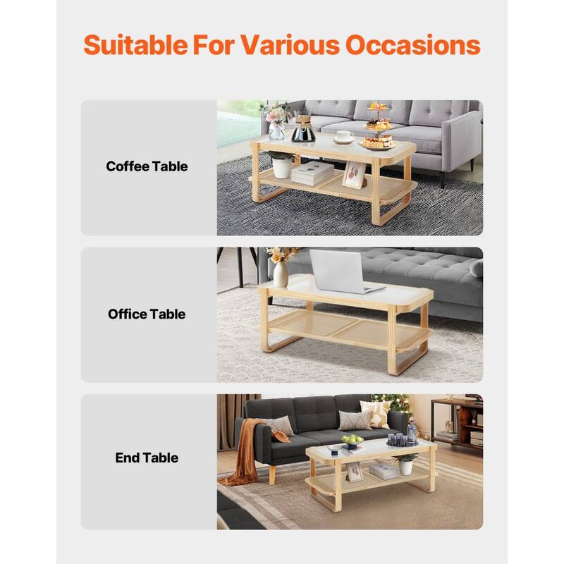 45-Inch Rectangle Rattan Coffee Table with Tempered Glass Top and One Open Storage Shelf - 45.3 x 22.4 x 17.7 in