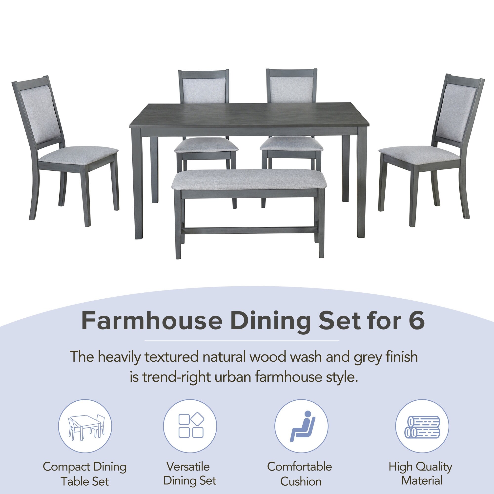 Rectangular 6 Piece Wood Fixed Dining Table Set with Bench Seating and Upholstered Chairs for Dining Room
