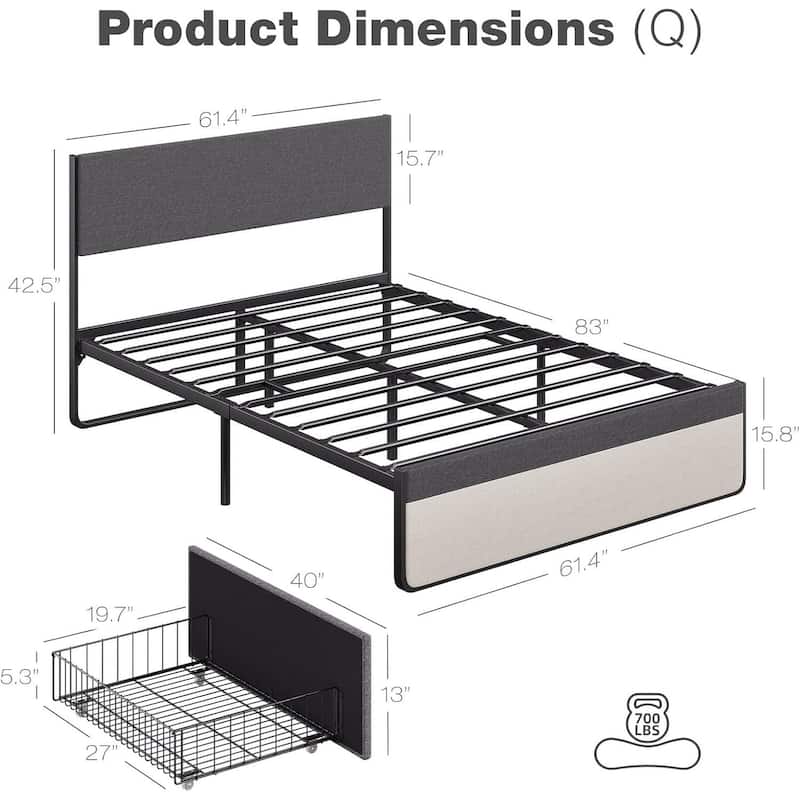 Upholstered Platform Bed Frame with 2 Storage Drawers