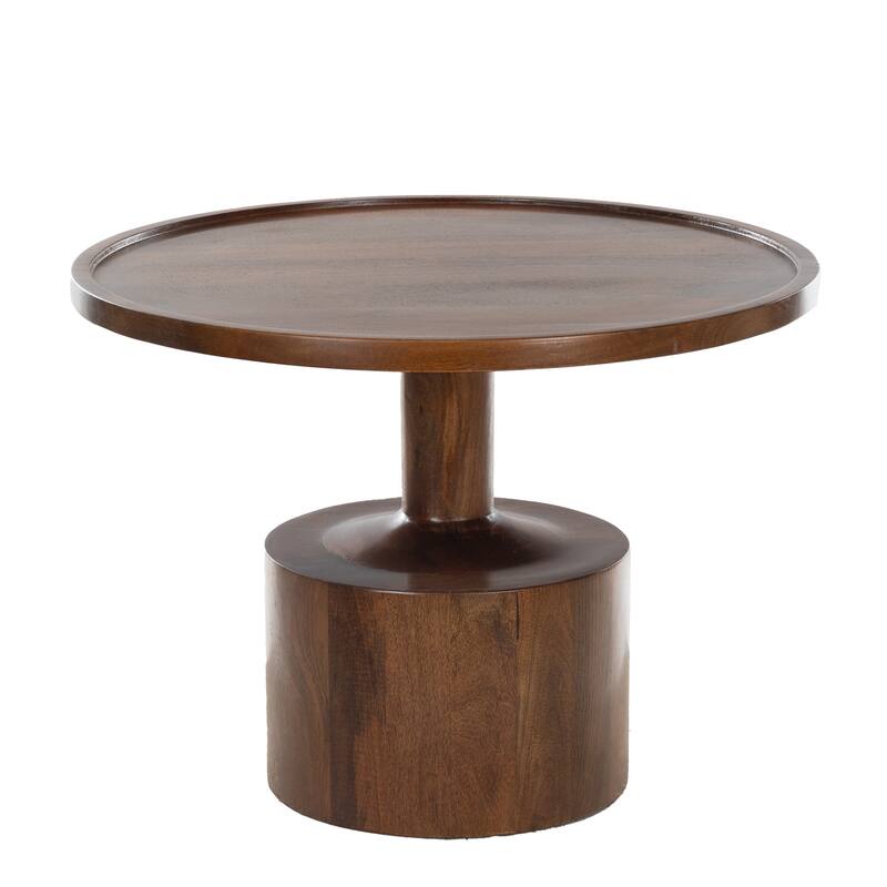 Round Mango Wood Coffee Table with Pedestal Base - 27.5" Accent Table with Rimmed Top - Dark Finish