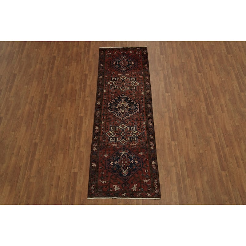 Hand Knotted Oriental 100% Wool Carpet Traditional Tribal Red Heriz Runner Rug - 10' 3'' X 3' 3''