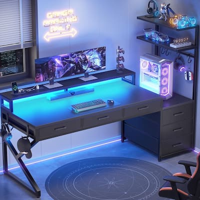 55" Gaming Desk 6 Fabric Drawers Storage LED Lights Power Outlet