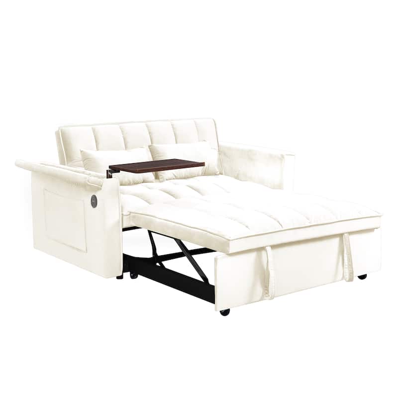 Convertible Sofa Bed, Velvet Sleeper Couch Pull-Out Bed, 55.5'' Loveseat Sleeper Sofa Bed with USB Port and Hidden Side Table