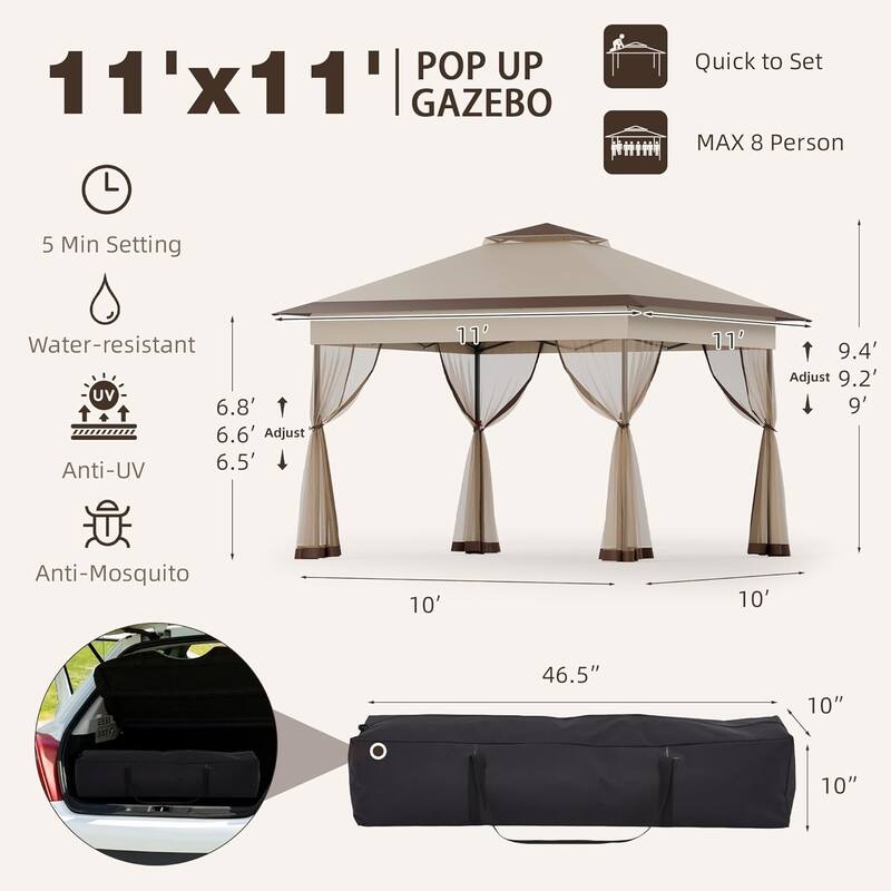 Bezseller 11' x 11' Pop -up Gazebo Tent with Mosquito Netting, Outoor Canopy Tent for Patio Garden Backyard Party