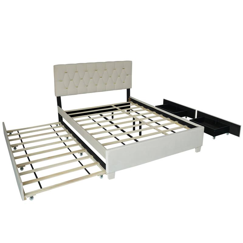 Modern Queen Upholstered Platform Bed with Gold Tufted Headboard, Pull-Out Trundle & 2 Storage Drawers, No Box Spring Needed