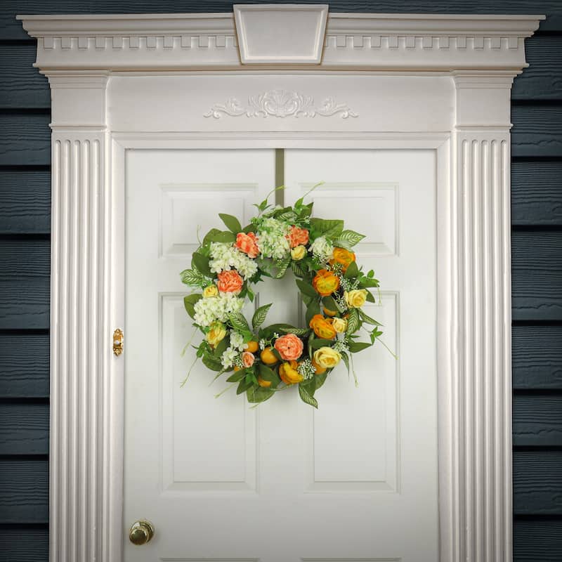 National Tree Company 24 inch Artificial Wreath with Lemons, Hydrangeas, and Buttercups, Realistic Floral Decoration
