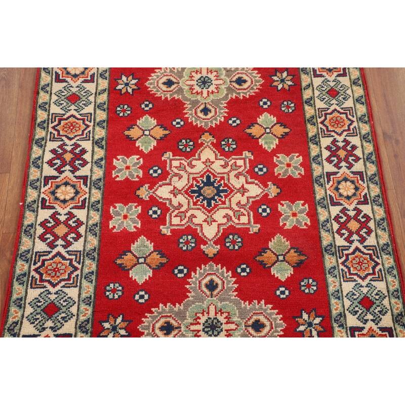 Kazak Accent Rug Hand-Knotted Geometric Red Wool Carpet - 2'10" x 4'1"