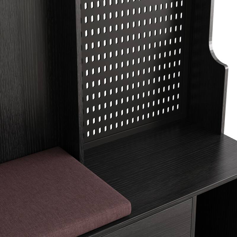 Modern Minimalist Coat Rack, Entry Bench with Linen Cushioned , Storage Shelf, DIY Pegboard, for Entrance and Hallway, Black