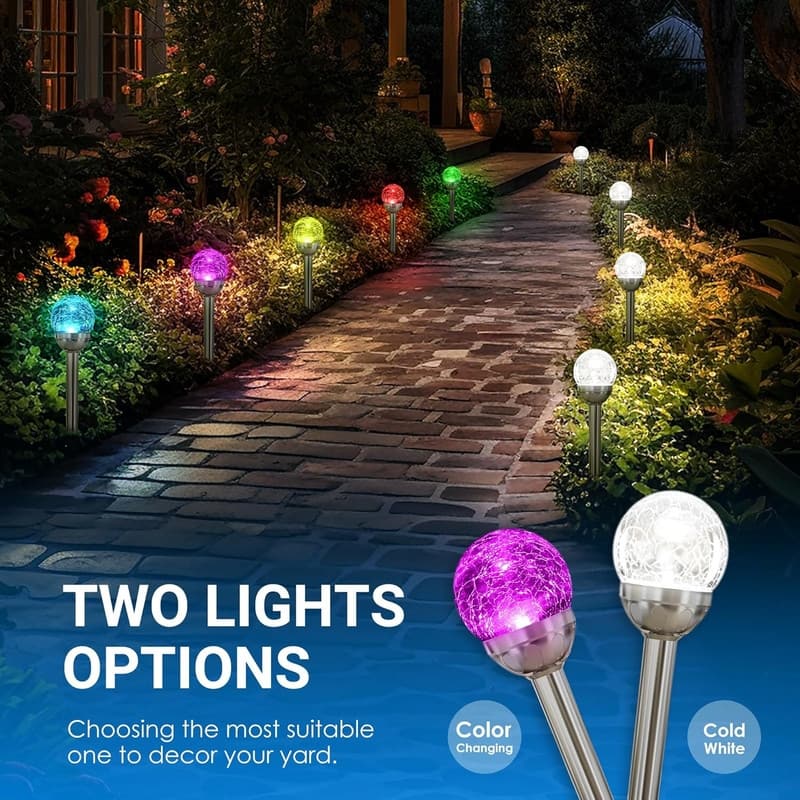 6 Pack Multi-Color Changing&White 2 Modes Solar Powered Glass Ball Garden Lights