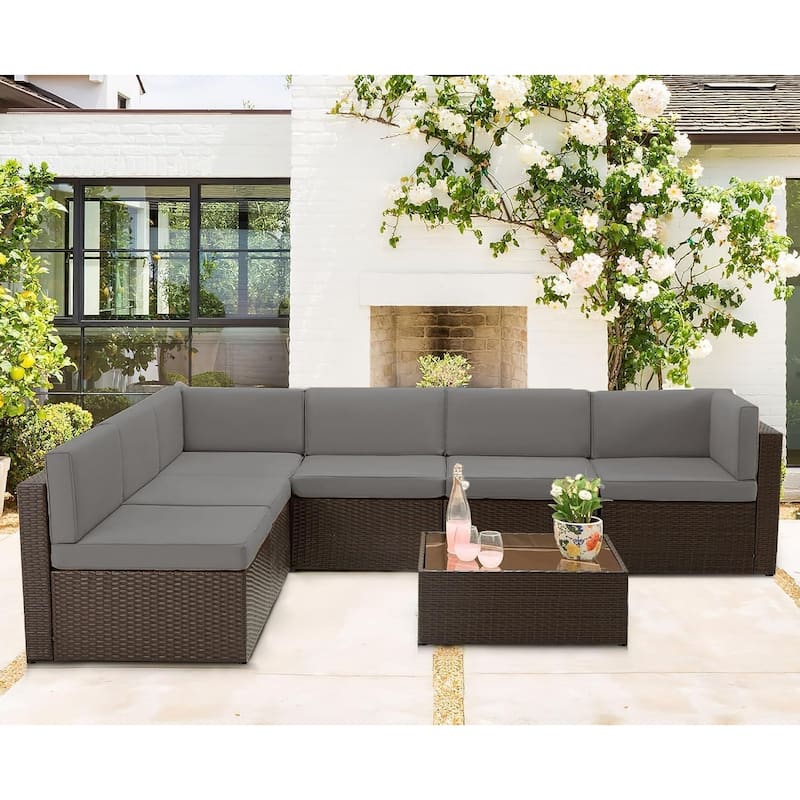 AECOJOY 7 Piece Outdoor Patio Furniture Set, PE Rattan Outdoor Wicker Sectional Furniture Chair Set with Cushions and Tea Table