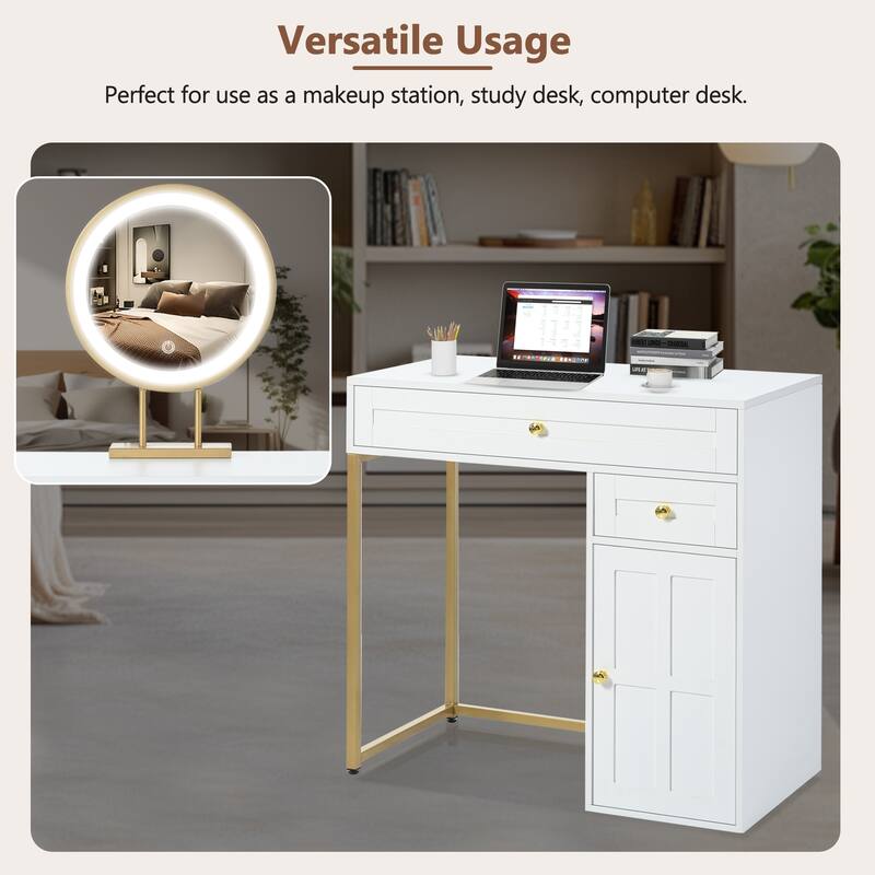 31.5" Makeup Vanity Desk with Lighted Mirror, Dressing Table with 2 Drawers and 1 Cabinet