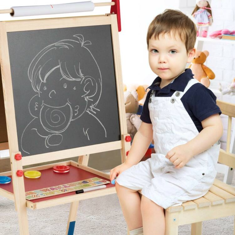 All-in-One Wooden Height Adjustable Kid's Art Easel with Magnetic Stickers and Paper - 23.5" x 21.5" x 44"/46.5"/49" (L x W x H) - 23.5" x 21.5" x 44"/46.5"/49" (L x W x H)