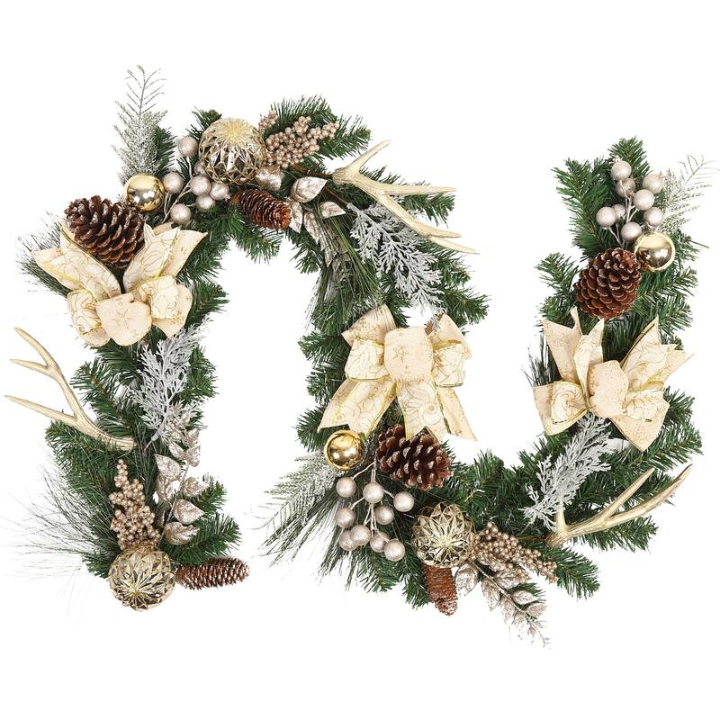 6Ft Christmas Garland with Lights Gold Ball Ornaments Pine Cones Antlers for Indooor - White
