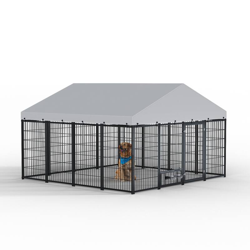 GDF Studio - Rockwell Extra Large Outdoor Dog Kennel with Roof Cover & Feeding System