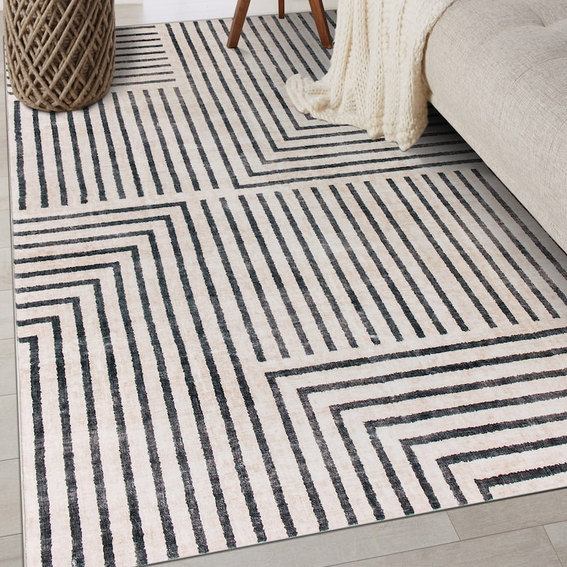World Rug Gallery Distressed Bohemian Stripes Washable Non Slip Area Rug - Beige - 3'x5'