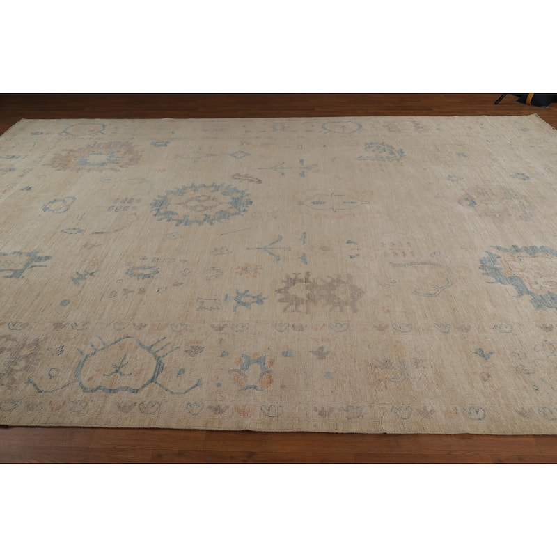 Transitional Beige Oushak Turkish Large Rug Hand-Knotted Wool Carpet - 9'6"x 13'9"