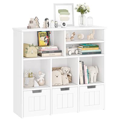 Toy Storage Organizerwith Hidden Wheels, Kids Bookshelf Floor Toy Storage Cabinet, 3 Movable Drawers
