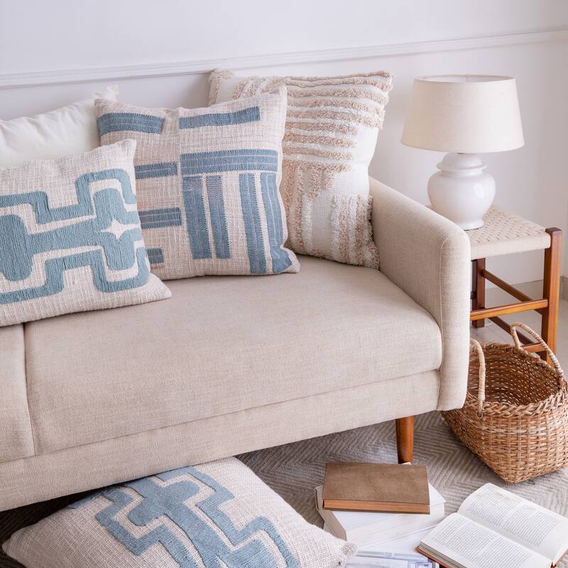 Handwoven Striped Square Throw Pillow Cover - 20" - Beige and Blue