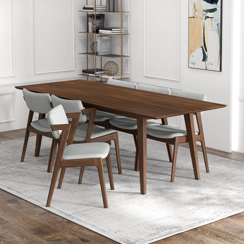 Ayven Mid-Century Style 7 Piece Solid Wood Dining Set in Walnut Brown