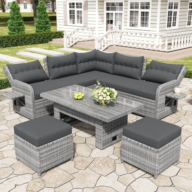 All Weather Outdoor Patio Conversation Sofa Set Rattan L Shaped Sectional Recliners Sofa with Adjustable Table and 2 Ottoman
