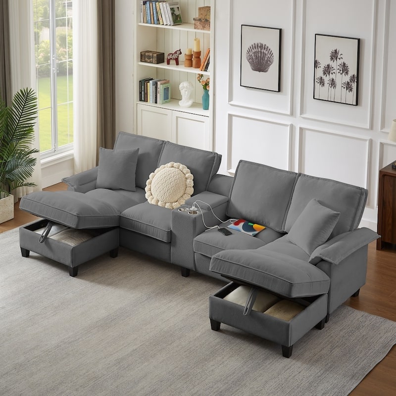 121.2" Modular Corduroy Sectional Sofa with Storage Console and Chaise Footrests