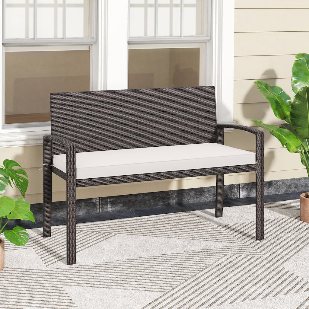 Mix Brown Rattan Metal 2-Seater Loveseat with Cushions and Zipper Covers - 22” L x 43” W x 33” H