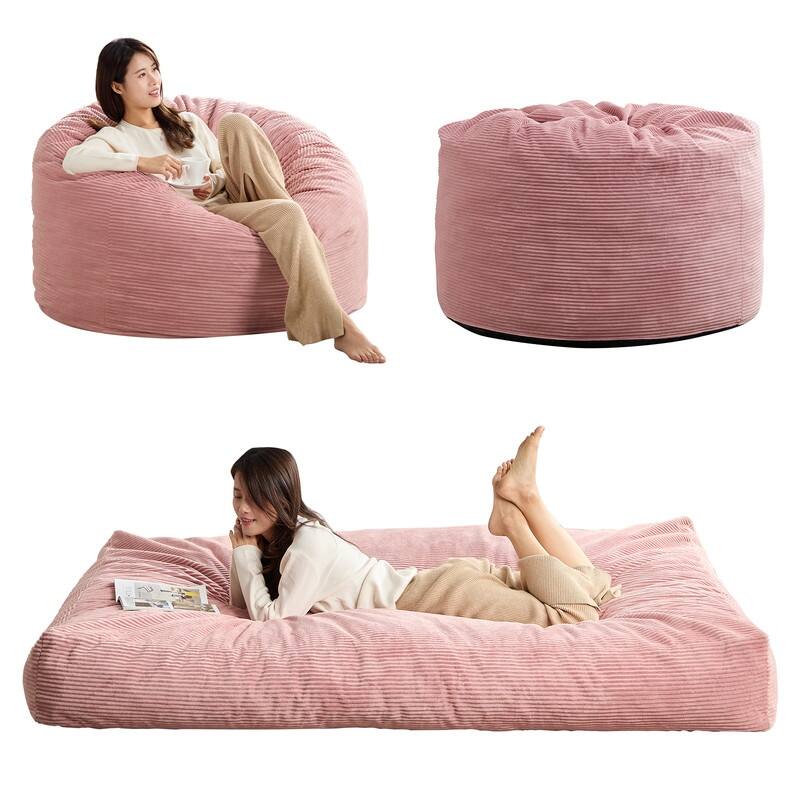 Mixoy Corduroy Bean Bag Lazy Sofa Chair Bed,Convertible Adult Beanbag from Lazy Chair to Floor Mattress,Machine Washable - Pink-Queen Size - Large