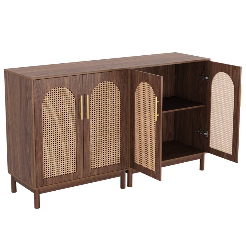 59" Rattan Dark Brown Wood Yellow Sideboard Buffet Cabinet (Set of 2)