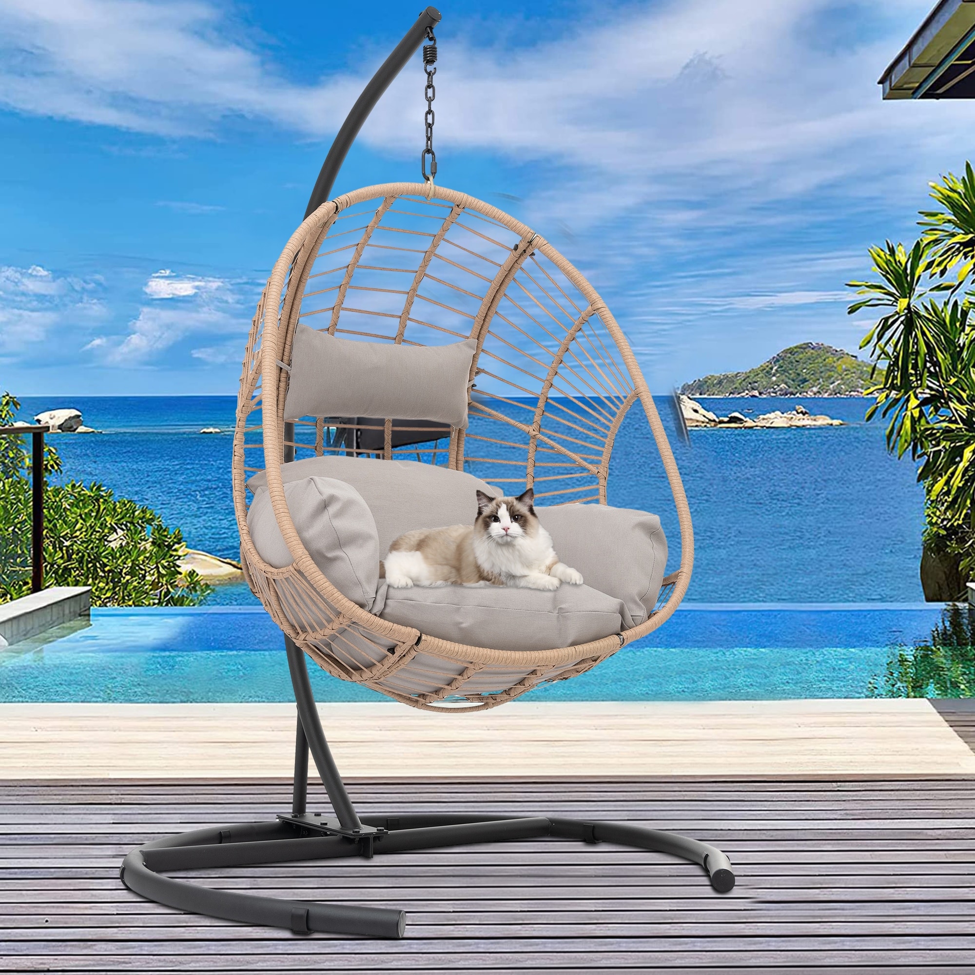 Wicker Hanging Chair Swing, Porch Swing w/Stand, Metal Frame
