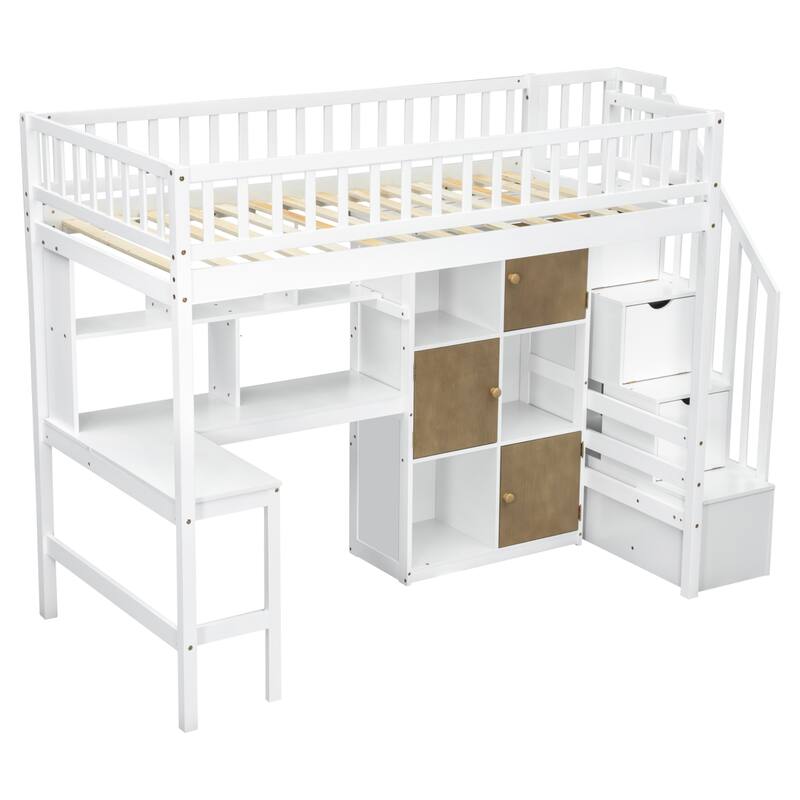 Wood Twin Size Loft Bed with Built-in Desk, LED, Storage Shelves, Cabinets, and Staircase