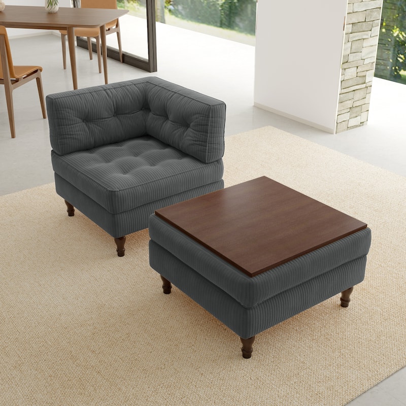 Corduroy Tufted Accent Chair Armchair and Ottoman Set