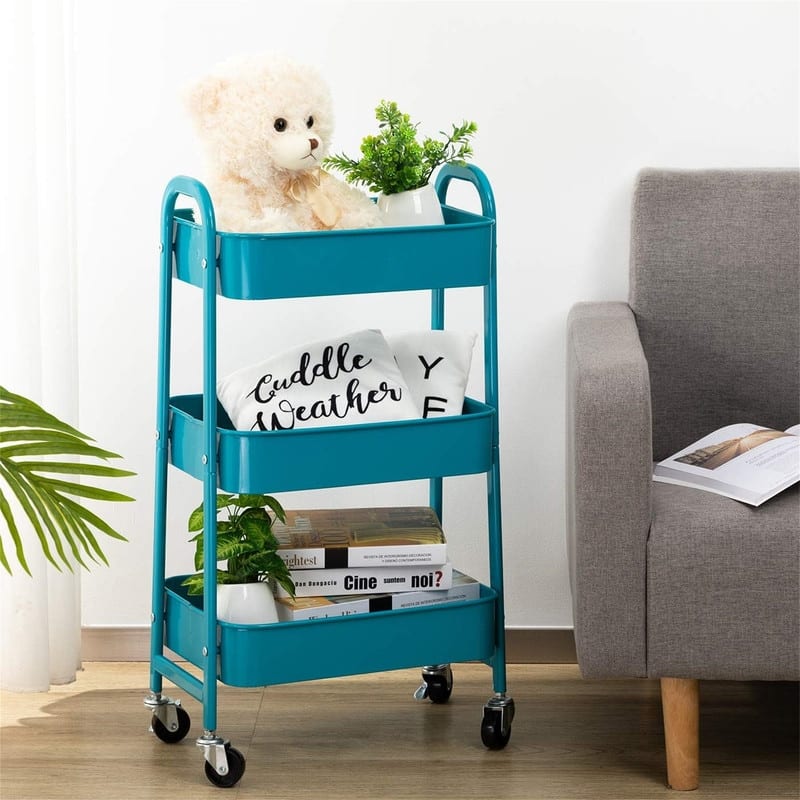 3 Tier Metal Utility Cart - 11.42"D x 15.35"W x 30"H - Peacock Blue