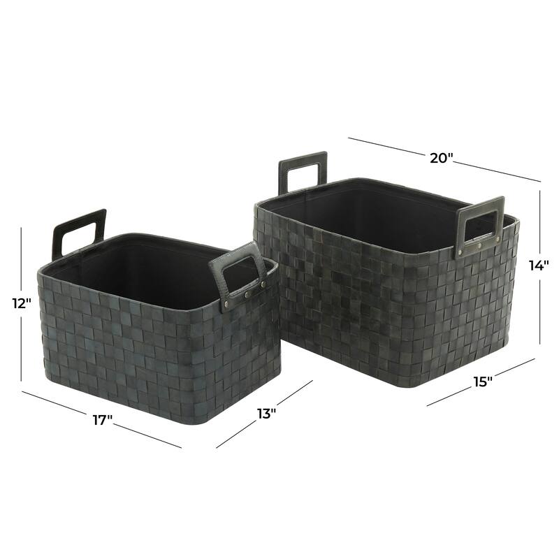 Sleek Leather Modern Storage Basket with Handles (Set of 2) - Dark Blue or Brown