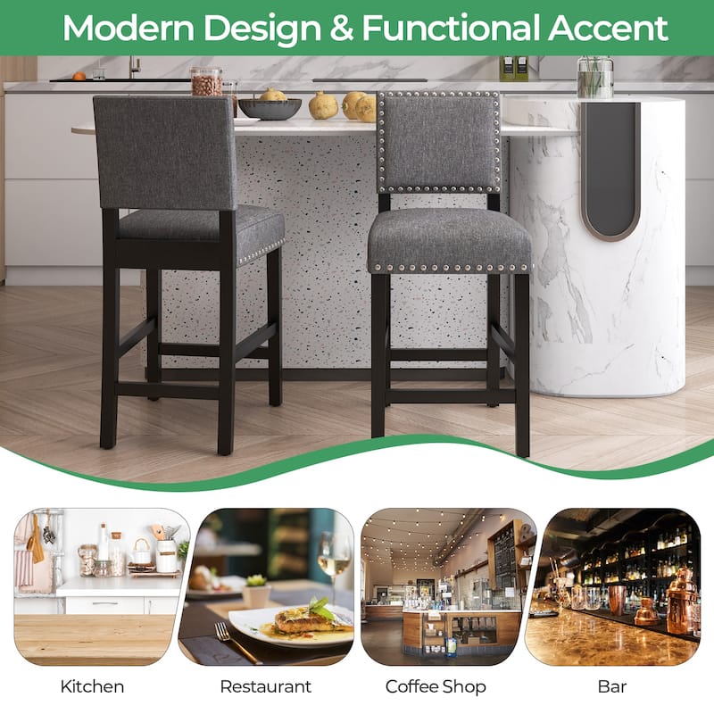 Set of 2 Counter Height Bar Stools with Footrest and Rubber Wood Frame Comfortable Seating