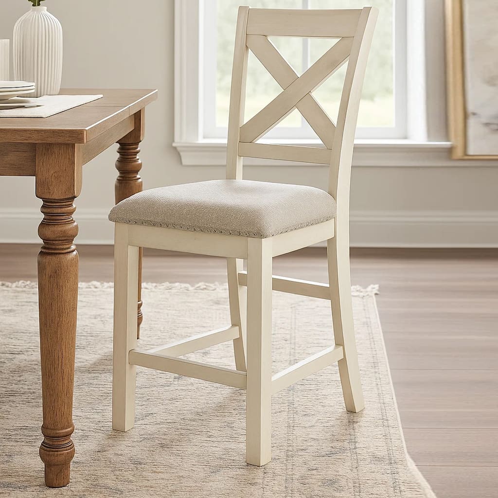 Lea Counter Height Chair Set of 2, White Solid Wood, Gray Polyester