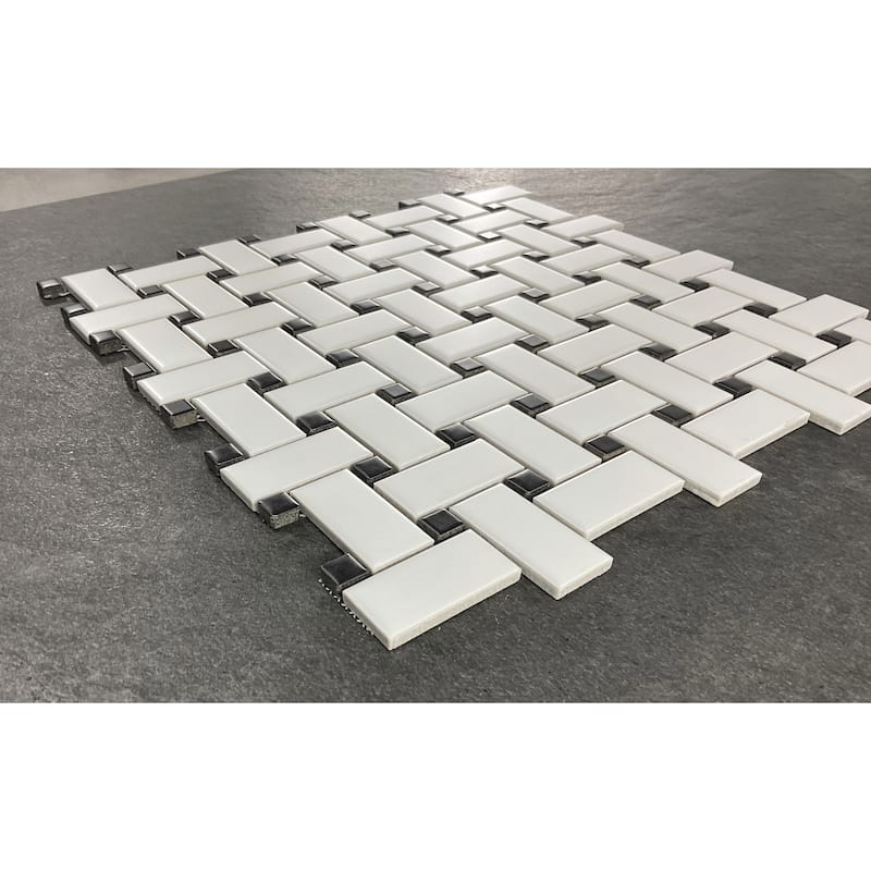 Porcelain Mosaic Tiles - White Basketweave with Black Dot Mosaic Tiles - Case (15 Sheets)