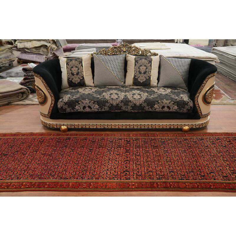 Hand Knotted Oriental 100% Wool Carpet Traditional Geometric Oranges & Rust Malayer Runner Rug - 12' 3'' X 3' 7''