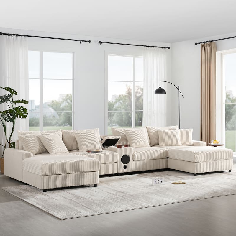 U-Shaped Cloud Corduroy Sectional Sofa with Console, Cup Holders, Bluetooth Speakers, Charging, Storage Ottoman, Deep Seats Sofa - Cream