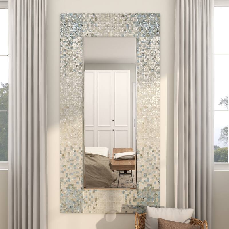 Cream Mother of Pearl Shell Handmade Mosaic Room Wall Mirror with Blue Corners